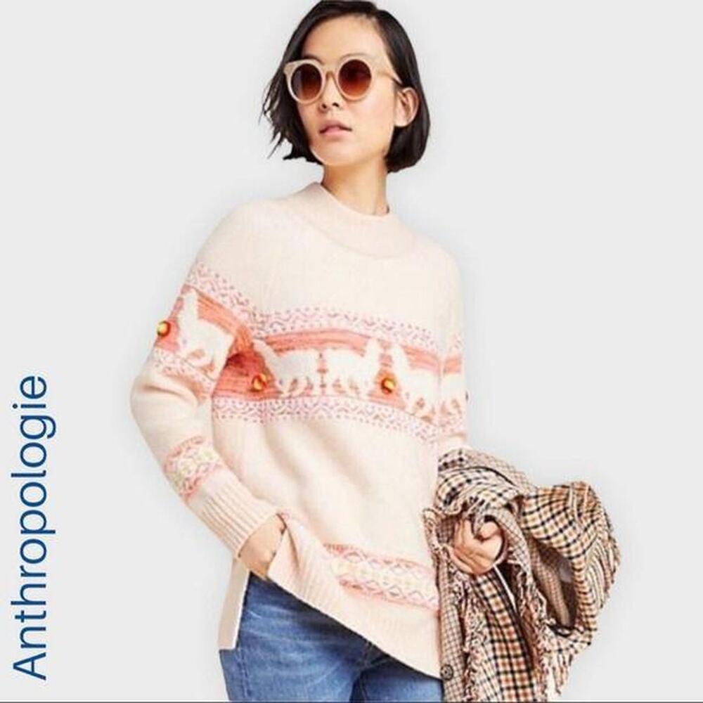 Anthropologie Aimee Pommed Alpaca Sweater Size XS Pink Oversized Wool Blend